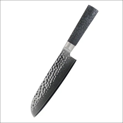 Damast Santokumesser Evolution – Allzweckmesser mit VG10-Kern und FlameWOOD Griff, freigestellt auf weißem Hintergrund