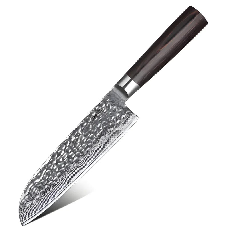 Freigestelltes Santokumesser aus Damaststahl mit VG10-Kern und Rosenholzgriff