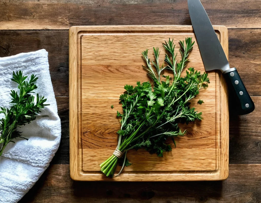 Schneidebrett Eiche 30×30 cm – Kräuter schneiden, Küchenansicht