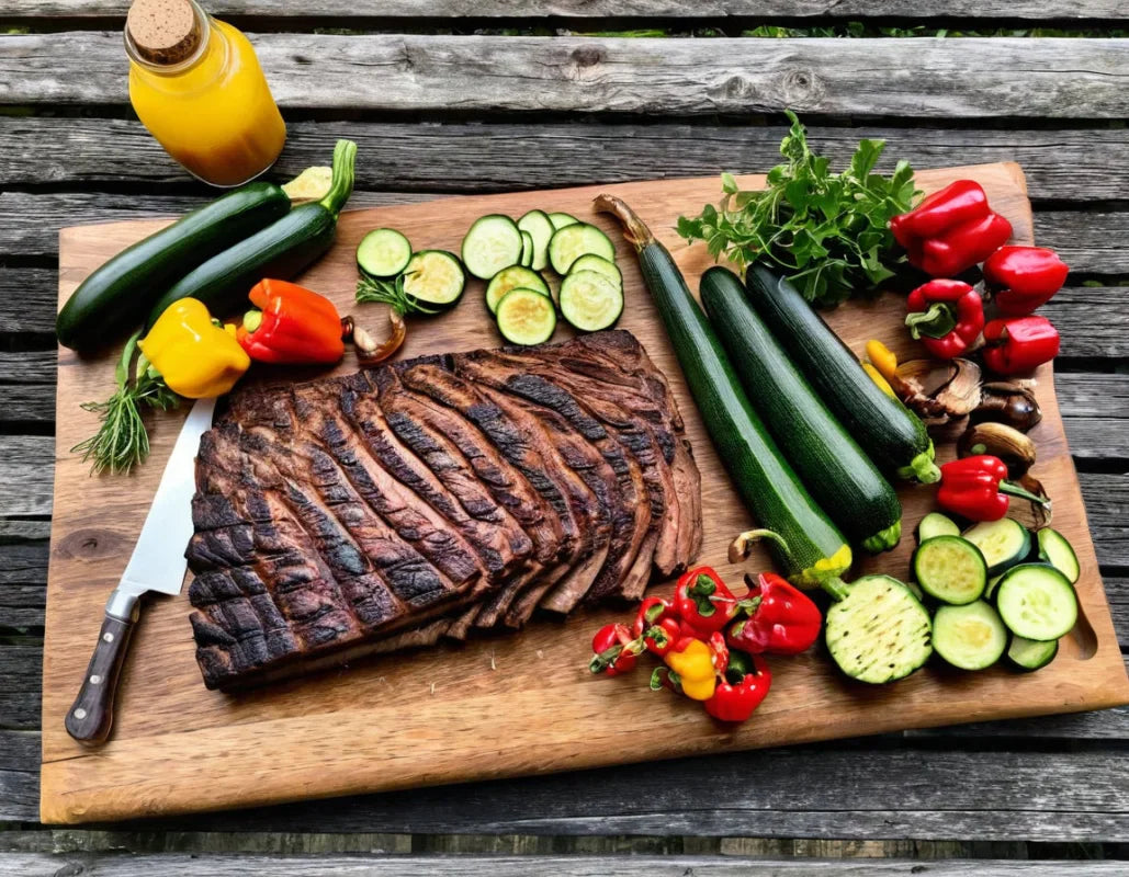 BBQ-Einsatz: 60×40 cm Eichenbrett mit Fleisch und Gemüse auf dem Tisch