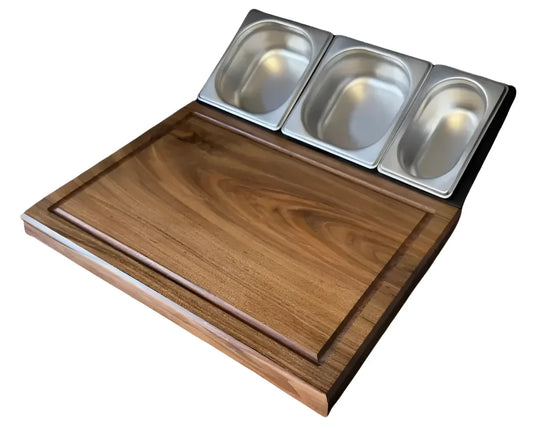 CHEFBRETT Premium Nussbaum – edles Schneidebrett erweiterbar zur Chefstation