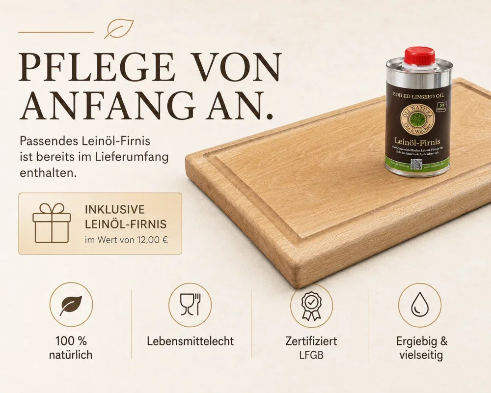 Eiche-Schneidebrett mit im Lieferumfang enthaltenem, lebensmittelecht zertifiziertem Leinöl-Firnis zur Holzpflege