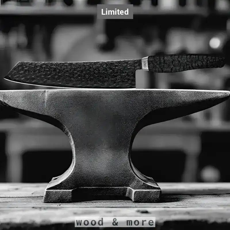 Ein schwarzes Kochmesser mit Hammerschliff und strukturiertem Griff.