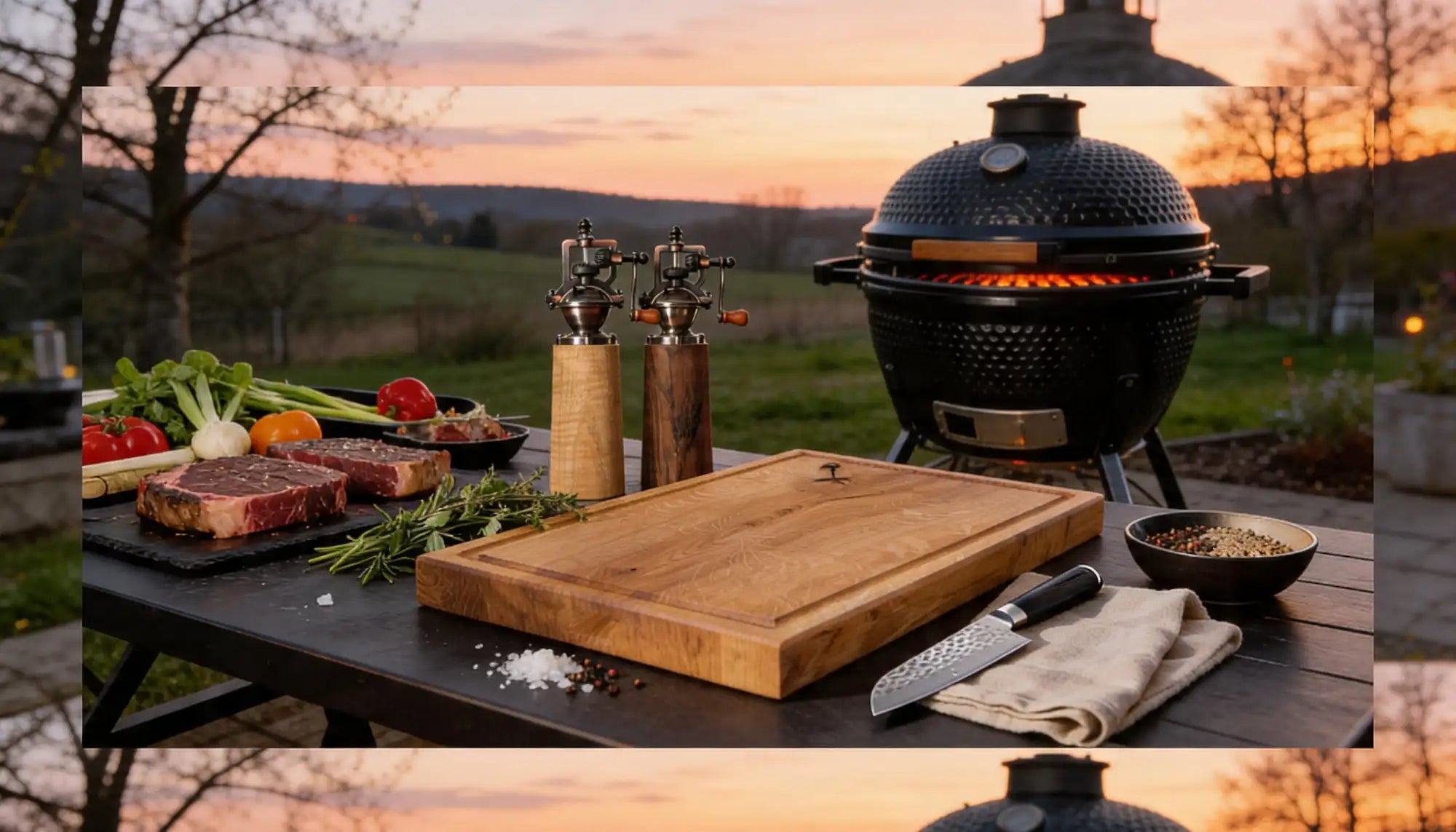 Schwarzer Keramik-Kamado-Grill mit glühenden Kohlen im Inneren