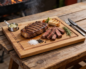 Steak & Burger Brett aus Eiche 40x30x2,5cm mit Dip-Schale