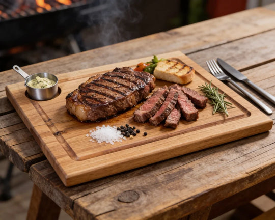 Steak & Burger Brett aus Eiche 40x30x2,5cm mit Dip-Schale