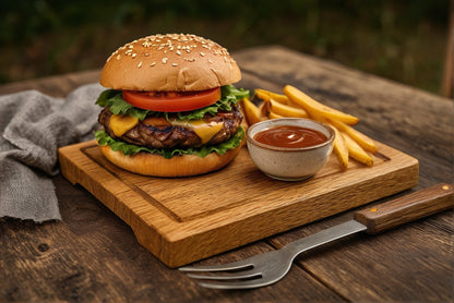 Das Steak & Burger Brett – Massivholz Eiche 35×25 cm mit Griffmulde