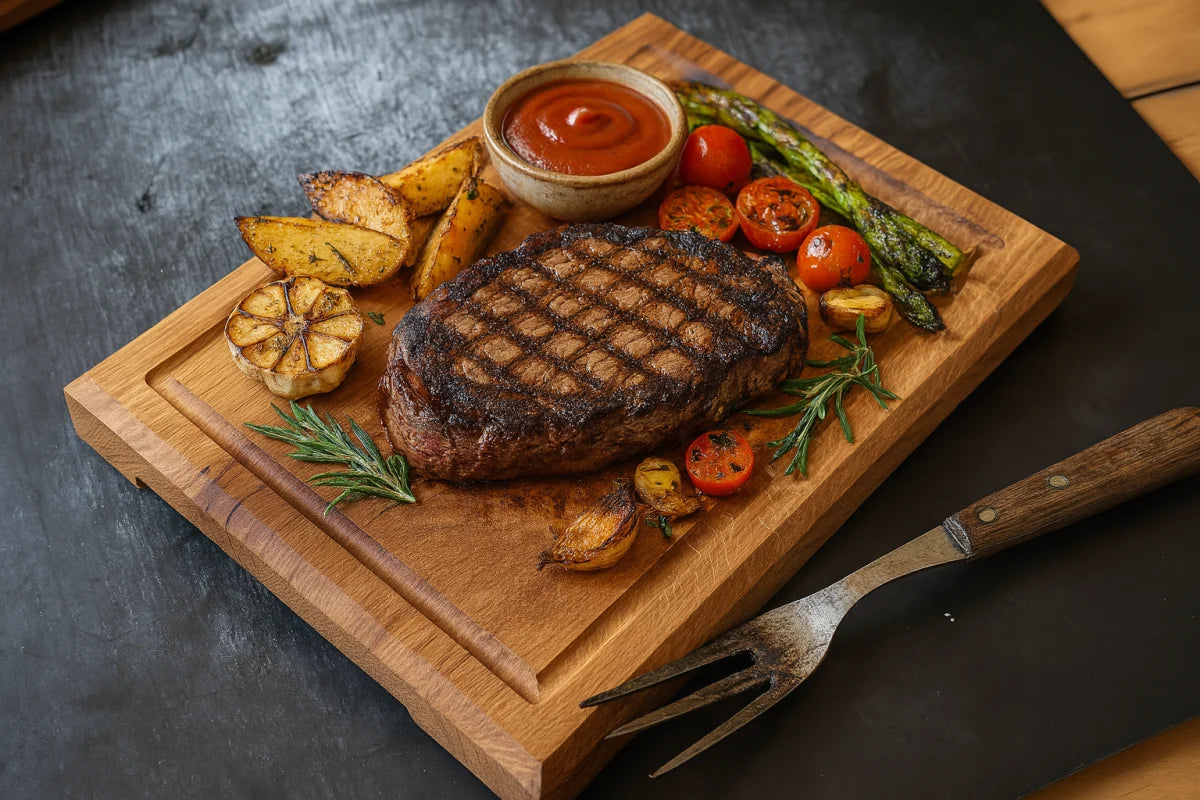 Das Steak & Burger Brett – Massivholz Eiche 40×30 cm mit Griffmulde