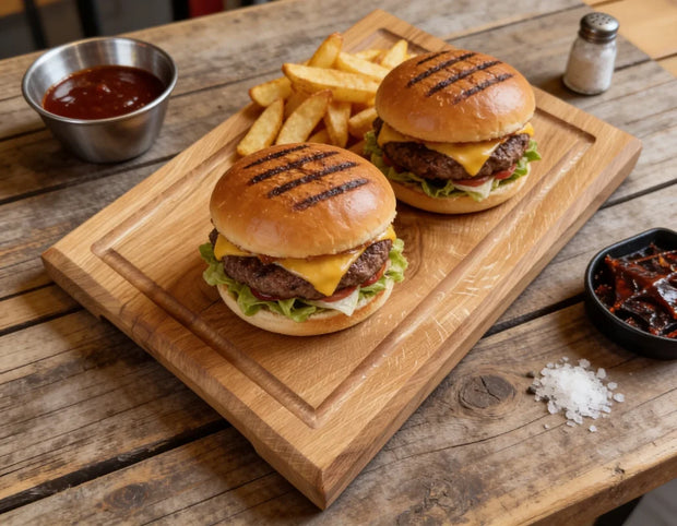 Steakbrett Eiche 35x25x4 cm mit Griffmulde – Steak & Burger Brett