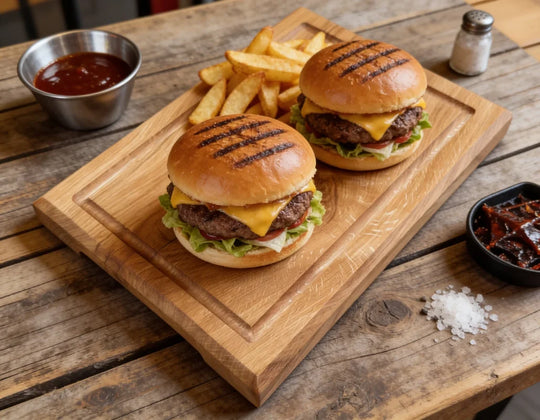 Steakbrett Eiche 35x25x4 cm mit Griffmulde – Steak & Burger Brett
