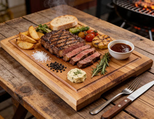 Großes BBQ Steakbrett aus Eiche 40x30cm mit gegrilltem Steak, Beilagen und Dip-Schale