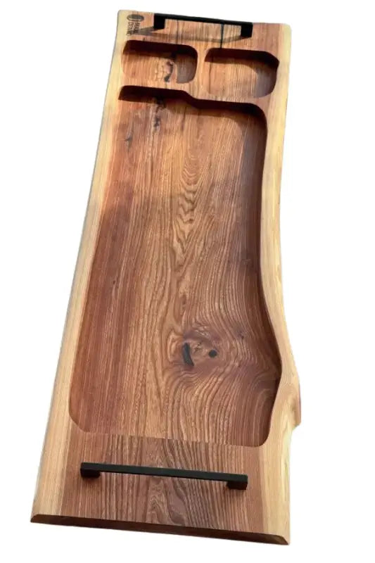 Holz Servierbrett groß mit Kunstgriffen und natürlichem Rand für BBQ und Catering