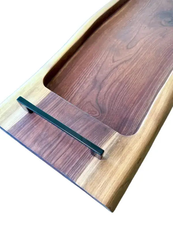 Holz Servierbrett XXL aus Nussbaum mit dunklem eingelegtem Griff, perfekt für Steak
