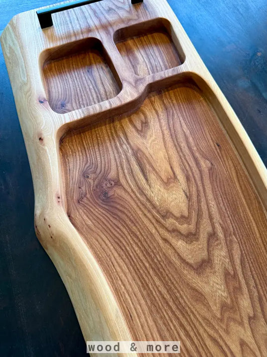 Holz Servierbrett groß mit drei Fächern aus natürlichem Holz für BBQ und Gastro