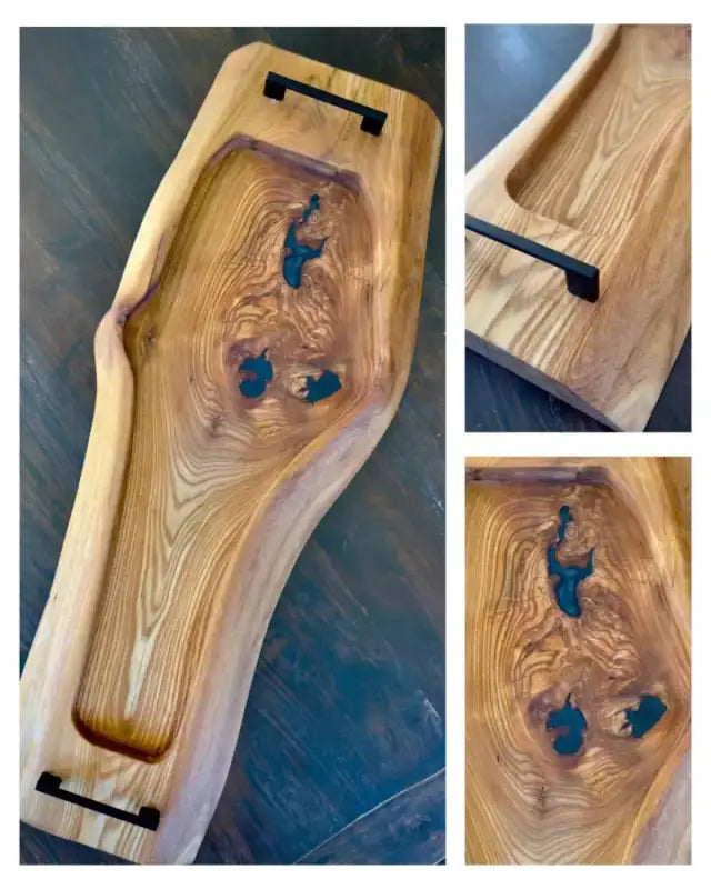 Holz Servierbrett groß mit blauen Epoxidknoten und einzigartigen Holzmaserungen