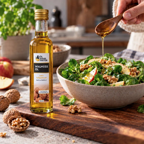 Walnussöl aus dem Schwarzwald wird über frischen Salat geträufelt; Ölflasche und Walnüsse liegen auf einem Holzbrett.