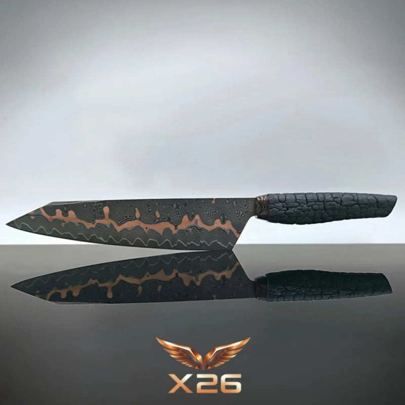 X26 Cu Mai Strike Evolution Limited mit markantem FlameWood-Griff und dunkler Damastklinge